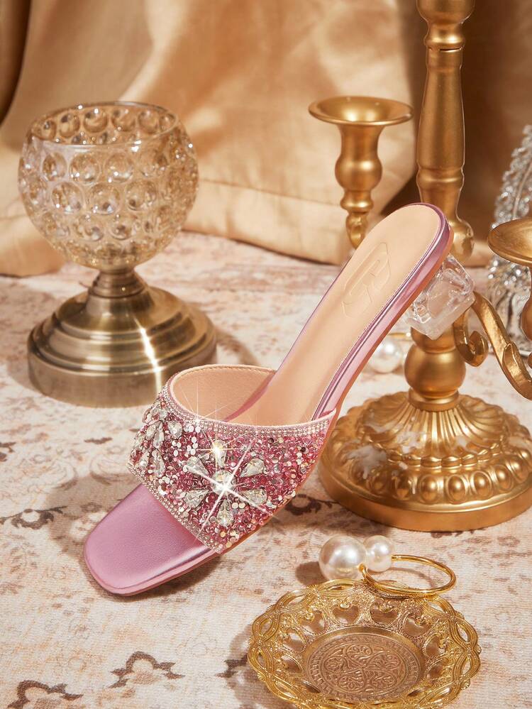 CUCCOO TILAWA Women's Fashion Crystal Heel Embellished Slip-On High-Heeled Sandals, Suitable For Outdoor Events And Parties, Spring Shoes, Spring Break Easter Dance Heels