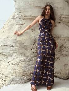 MOTF PREMIUM WOMEN'S LINEN ALL OVER PRINTED LONG DRESS, SPRING/SUMMER - Navy Blue - View 6
