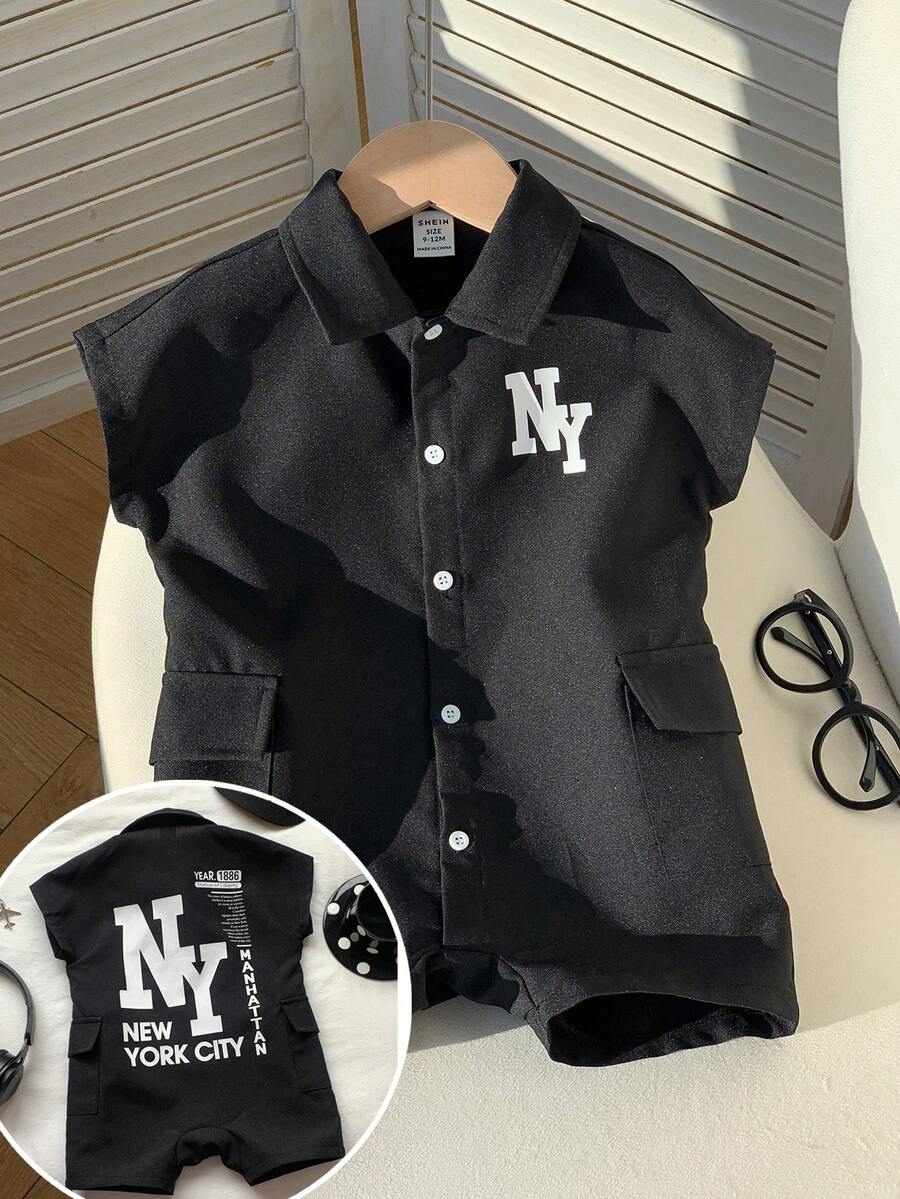 SHEIN 新生儿男女宝宝黑色字母印花翻领短袖连体衣,春夏时尚装扮 - 黑色 - 查看 1