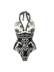Swim Oasis 2026 Plus Size Spring/Summer High-End Elegant Black & White Shell Bohemian Style One-Piece Swimsuit With Skirt 2-Piece Beach Outfit, Suitable For Vacation, Date, Cruise, Beach, Music Festival, Bohemian Style Leisure Autumn Plus Size One-Piece Swimsuit - Multicolor - View 3