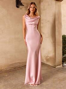 Enchnt 女士纯色垂褶领优雅收腰长款派对连衣裙 - 粉色 - 查看 2