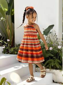 SHEIN Vintaside Kids 1件女童夏季橘色波希米亞風掛脖洋裝，復古紋理提花布料A字版型，海灘度假陽光裙，適合女孩與少女 - 彩色 - 查看 9