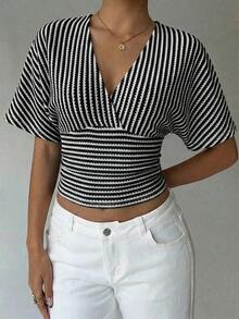 Aloruh 女士休闲条纹蝙蝠袖T恤，夏季 - 黑與白 - 查看 4