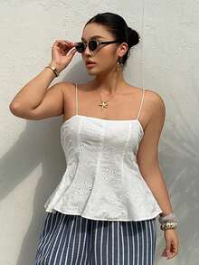 Dazy Plus Camiseta de encaje ajustada y elástica, color blanco versátil, para /verano - Blanco - Ver 6