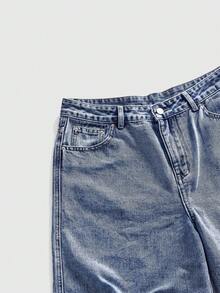 ROMWE MEN Street Life Quần short denim nam mùa hè, kiểu dáng thường ngày, túi xéo, thêu hoa. - Màu xanh lam - Xem 5