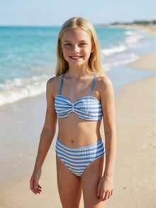 SHEIN Tween Girls' Blue & White Striped Ruched Bust Bikini Set, Beach/Vacation - Blue - View 6