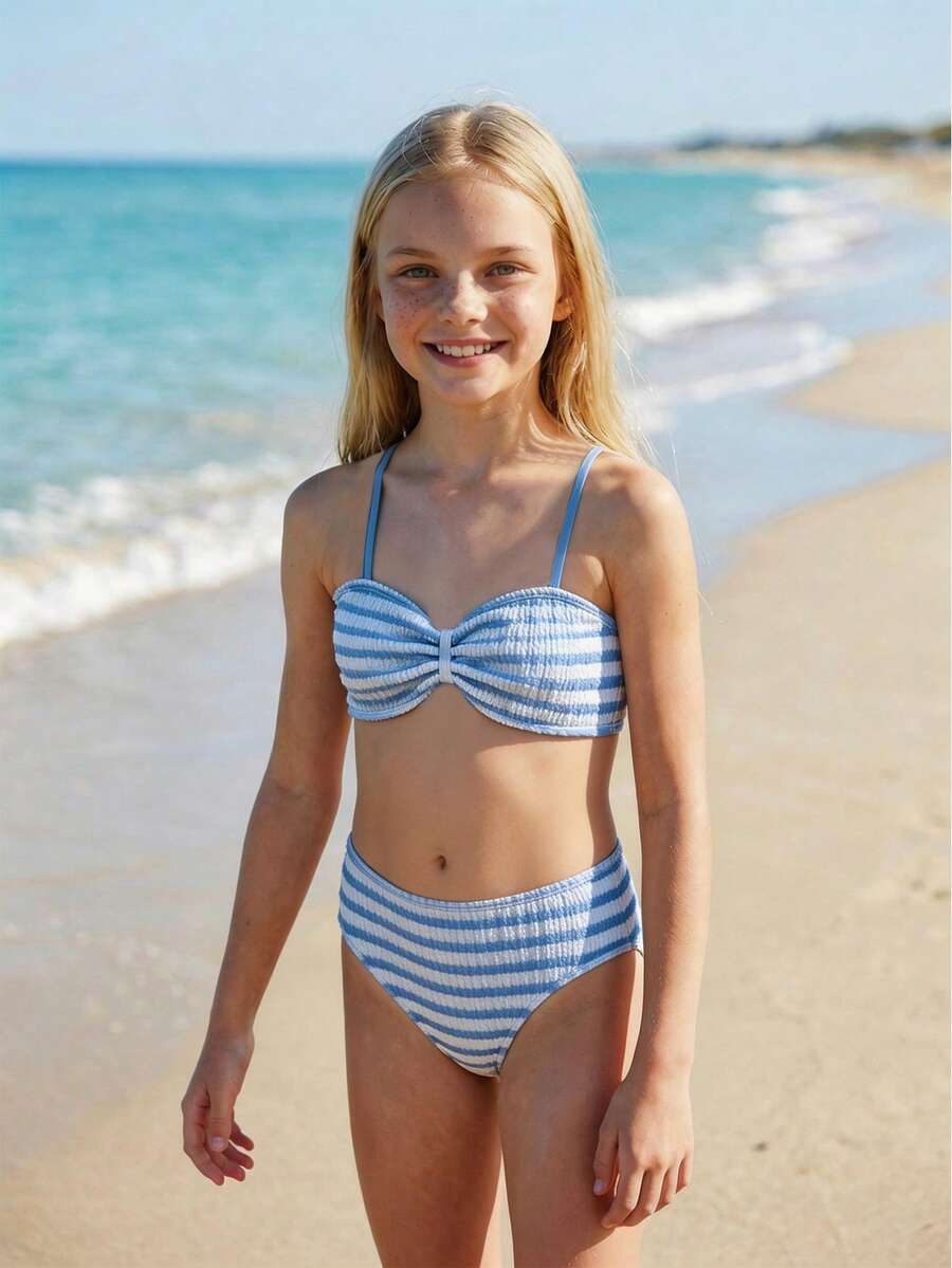 SHEIN Tween Girls' Blue & White Striped Ruched Bust Bikini Set, Beach/Vacation - Blue - View 1