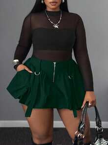 SHEIN CURVE+ Autumn/Winter Ruffle Hem Solid Color Casual Commuter Zipper Sexy Plus Size Short Skirt For Women - Dark Green - View 5