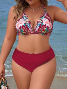 Swim Lushoire 大码随机印花泳衣套装 - 酒紅色 - 查看 5