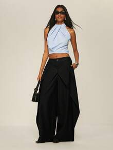 ATUI Studio Women's Fashionable Wide Leg Suit Pants With Double Waistband - Black - View 3