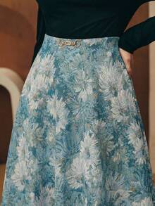 Anewsta 复古油画高腰随机3D立体花卉提花A字裙，适合春夏穿着，情人节装扮，优雅连衣裙，女士度假装 - 藍色 - 查看 1