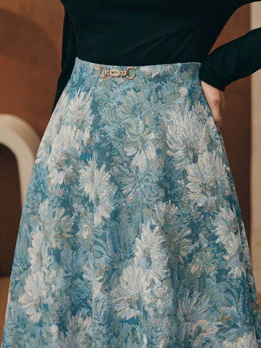 Anewsta 复古油画高腰随机3D立体花卉提花A字裙，适合春夏穿着，情人节装扮，优雅连衣裙，女士度假装 - 藍色 - 查看 1