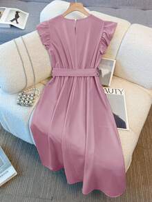 Franclia Vestido de mujer de longitud media, de cuello redondo, manga corta, cintura elástica, con decoración de botones de perla, cómodo y suave, sin estiramiento, en color albaricoque, de estilo francés elegante y versátil para vacaciones y viajes, primavera/verano - Color caoba - Ver 2