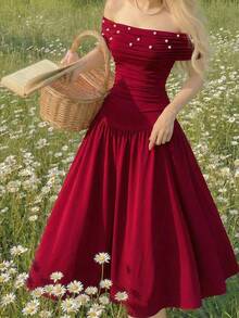 Đầm trễ vai dệt kim màu trơn thanh lịch đính cườm dành cho thiếu nữ - Đỏ - Xem 1