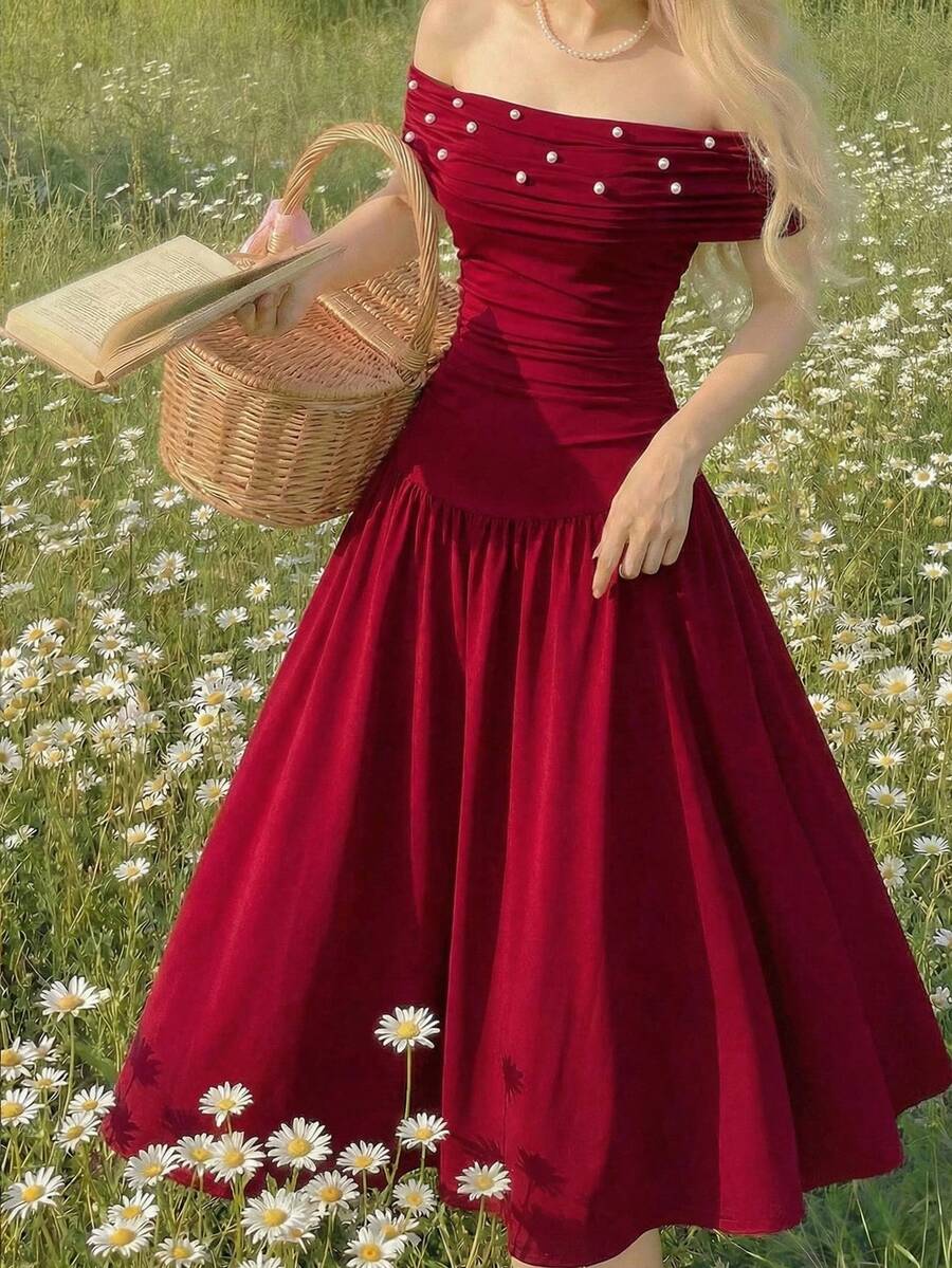 Đầm trễ vai dệt kim màu trơn thanh lịch đính cườm dành cho thiếu nữ - Đỏ - Xem 1