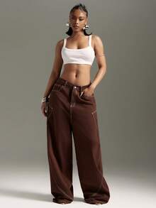 Denimoi Quần ống rộng, túi ngoại cỡ, phong cách đường phố thời trang, quần jeans boyfriend lấy cảm hứng từ thập niên 90. - màu nâu - Xem 5