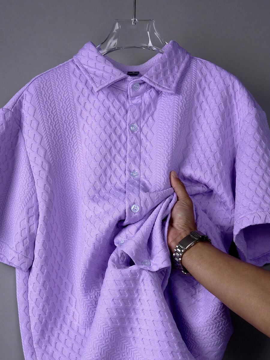 Manfinity Homme Camisa de manga corta de un solo pecho de unicolor, versátil y casual para uso diario para hombres - Púrpura malva - Ver 1