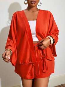 Slaydiva 2pcs/Set Plus Size Women's Music Festival Tie Front Long Sleeve Top And Shorts,Red And White,Autumn,Smart Casual,Vacation Orange Kimonos Yacht Outfit - Orange - View 13