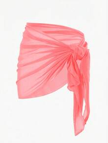 Swim Basics 女士纯色侧系带裹身罩衫及半身裙套装，度假装 - 西瓜粉 - 查看 3