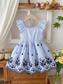 SHEIN Vintaside Kids Baby Girls' Casual Cute Embroidered Ruffle Strap Dress, Suitable For Daily Outings, Vacation, Park Trips, 2026 Spring/Summer New Fashion, Blue Dress, Girls' Dress, Spring, Summer - Blue - View 1