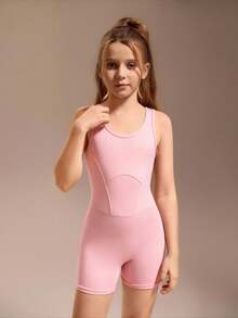 SHEIN Tween Mädchen Ärmellose Künstlerische Gymnastik Leotard, Pink, Hochelastischer atmungsaktiver Stoff, 4-Wege-Stretch, geeignet für Training, Wettkampf, Eiskunstlauf, Leichtathletik - Pink - Übersicht 4