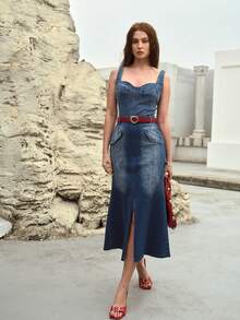 MOTF PREMIUM 牛仔布翻边细节开衩大腿美人鱼裙摆连衣裙 - 藍色 - 查看 5