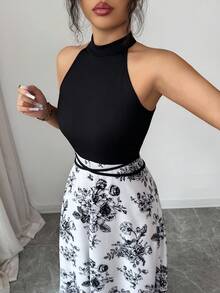 Elenzga 女士夏季新款法式拼接无袖连衣裙，独特设计印花露背撞色修身腰带连衣裙 - 彩色 - 查看 4