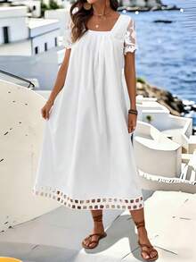SHEIN Holidaya Vestido holgado de longitud media con cuello cuadrado, mangas cortas raglán, encaje y pliegues - Blanco - Ver 3