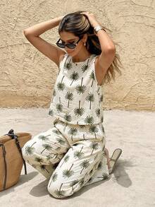 SHEIN Frenchy Women's Coconut Tree Print Round Neck Top And Wide Leg Pants Casual 2 Pieces Set - Green - View 5