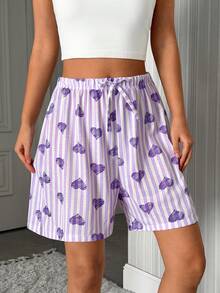 SHEIN Bộ đồ ngủ nữ cỡ lớn bằng cotton, 2 món, chi tiết dây rút giả, họa tiết sọc và trái tim, thích hợp mặc ở nhà. - Nhiều màu - Xem 5
