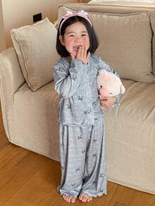 DAZY Young Girl Butterfly Print Button-Up Long Sleeve Top And Wide Leg Pants Pajama Set - Grey - View 5