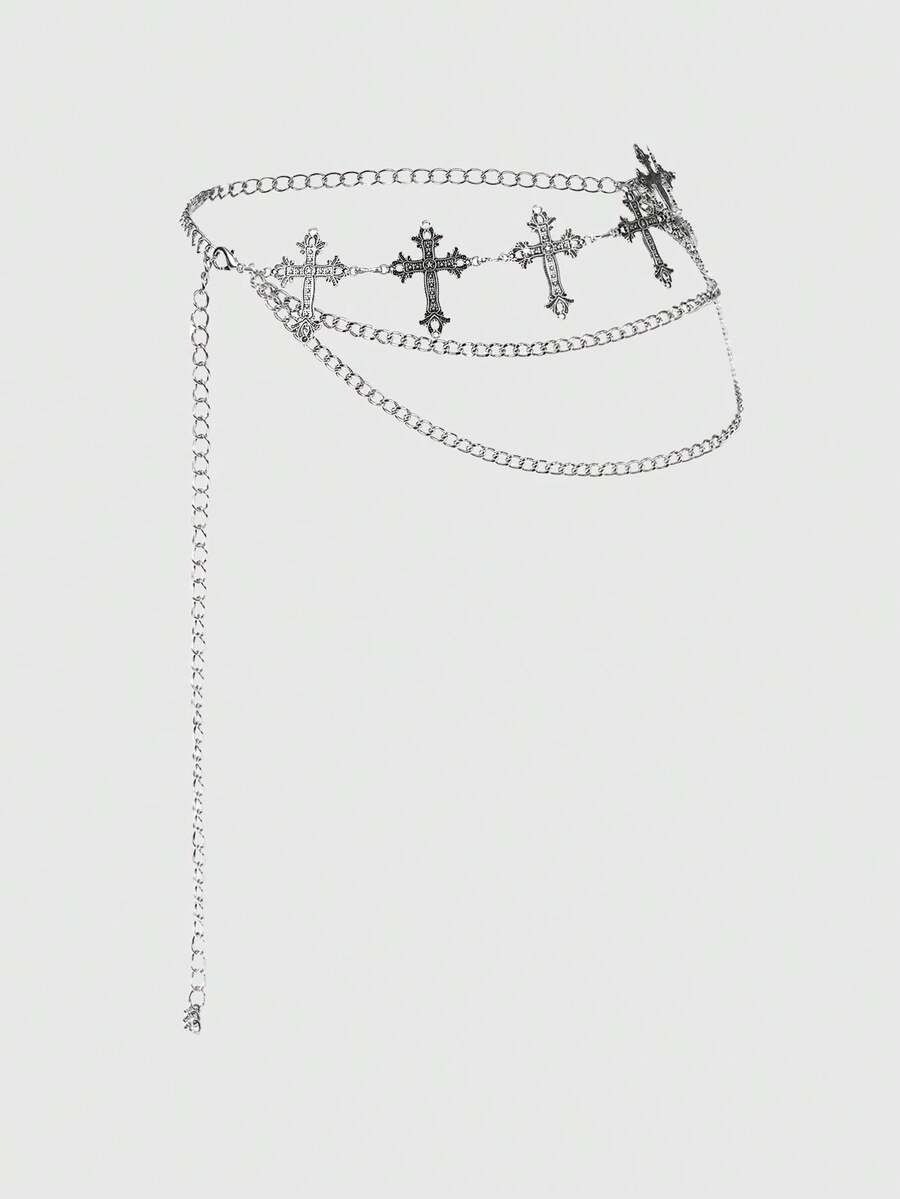 ROMWE Goth 1件装女士银色五芒星十字架装饰双链装饰暗黑风朋克风腰链连衣裙牛仔裤配饰日常百搭 - 五角星十字架雙層鏈條腰鏈 - 查看 1