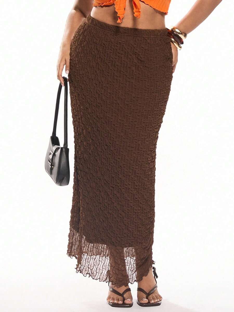 SHEIN EZwear Hơn Cao eo Chất rắn Váy bút chì - Cà phê nâu - Xem 1