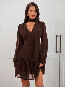 Aloruh Dark Brown Elegant Minimalist Long Sleeve Mini Dress, Suitable For Commuting Going Out Autumn - Coffee Brown - View 5