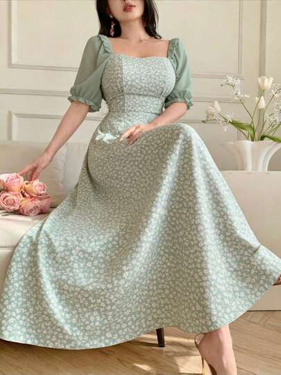 Celisse Vestido de fiesta midi elegante con diseño de cintura anudada y empalme de color jacquard para mujer