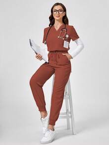 TaskEZ Women's Summer Nurse Scrub Uniform Set,Orange V-Neck Short Sleeve Pocket Split 2-Piece Casual Pants Suit For Work,White,Winter,Rennaissance Style - Red - View 6