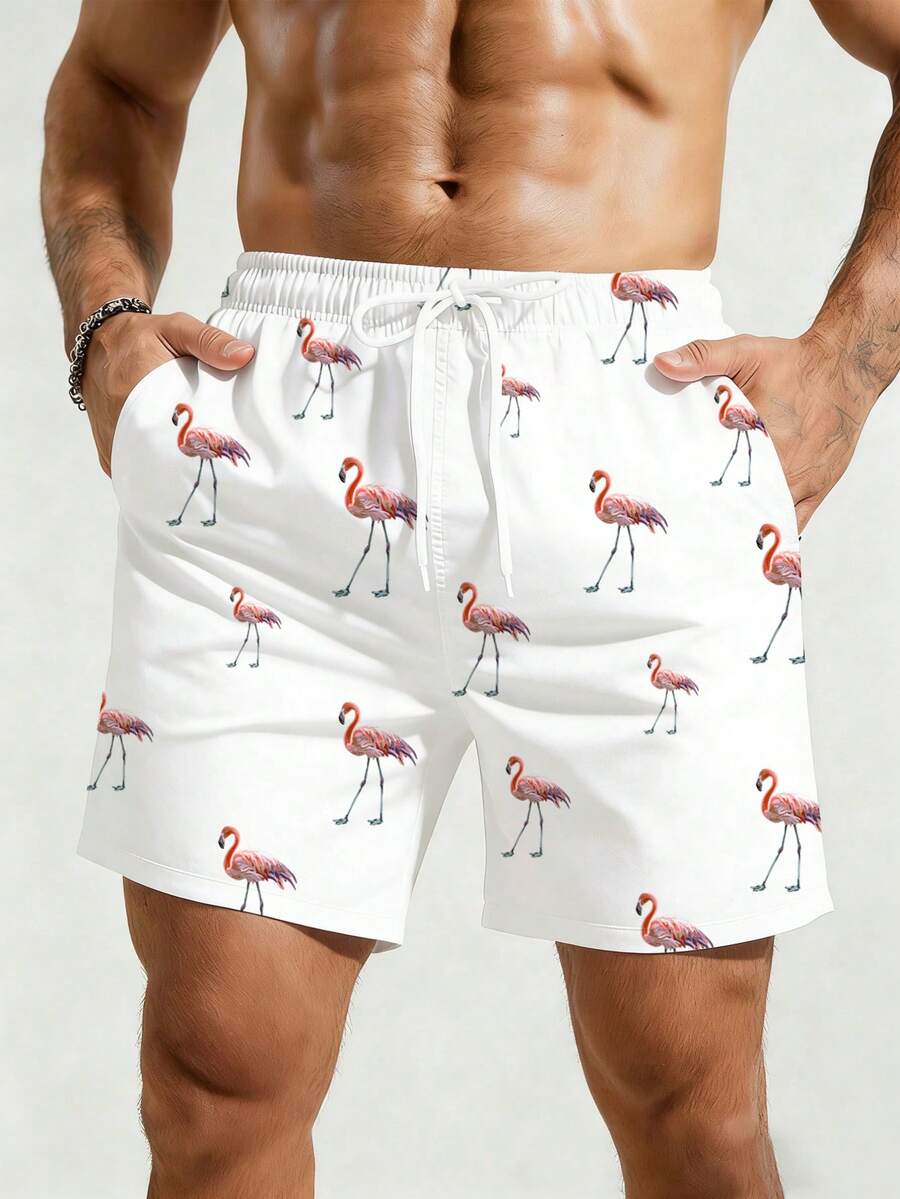ZELFYO Men's Drawstring Flamingo All-Over Print Loose Beach Shorts, Summer - White - View 1