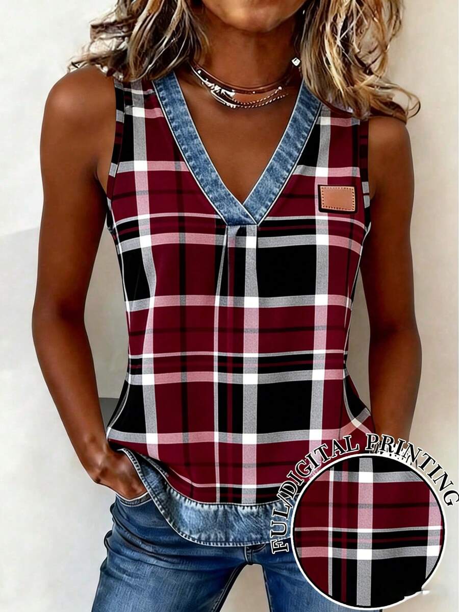 EMERY ROSE Women's V-Neck Plaid Casual Versatile Tank Top - Red and Black - View 1