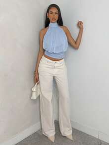 Allurite 女士蓝色系带优雅约会/毕业典礼雪纺纹理衬衫，春夏款 - 藍色 - 查看 8