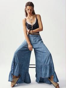 Bohemela 女士休闲纯色梭织牛仔宽松荷叶边裤 - 灰色 - 查看 2