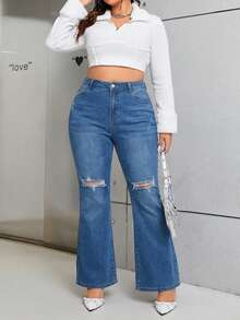 EURMUSE Plus Size Women Pocket Button Distressed Casual Versatile Daily Wear Flare Leg Jeans - Medium Wash - View 1