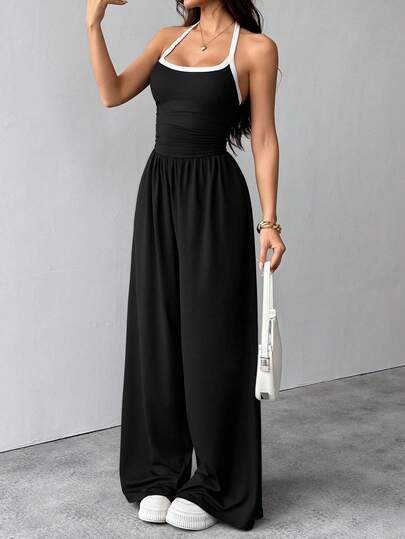 SHEIN MOOSTA 女士V领露背休闲连体裤，简约设计，适合春夏穿着