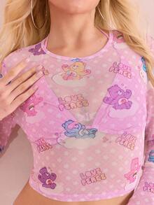 SHEIN X Care Bears 女士圆领长袖和服罩衫 - 粉色 - 查看 8