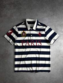 Manfinity Roghcode Camisa polo de talla grande para hombres con bloques de color, rayas y estampado de letras - Azul y blanco - Ver 3