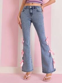 SHEIN X Care Bears Women's Cartoon Pattern Contrast Color Bow Denim Jeans - Blue - View 6