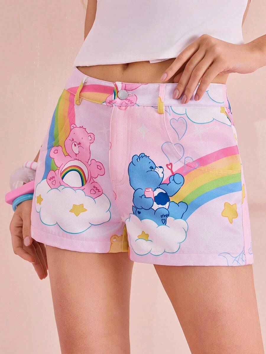 SHEIN X Care Bears 女士卡通图案口袋纽扣休闲百搭日常牛仔短裤 - 彩色 - 查看 1