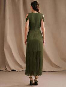 Anewsta 女士新款优雅深V领流苏腰身连衣裙，夏季连衣裙，派对连衣裙，夏季度假装，优雅连衣裙 - 軍綠色 - 查看 7