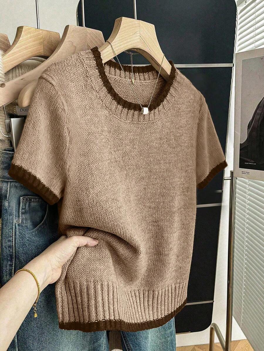 SHEIN Franclia 新款夏季简约个性拼接撞色休闲针织女式上衣 - 紫紅色 - 查看 1