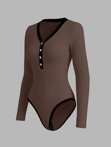 Airaco 女士V领撞色休闲连体衣，适合日常穿着 - 棕色 - 查看 4