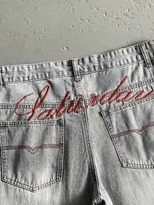 StoneGrade Men's Straight Leg Embroidered Denim Shorts Shorts With Vintage Written On Them For Men - Light Grey - View 5